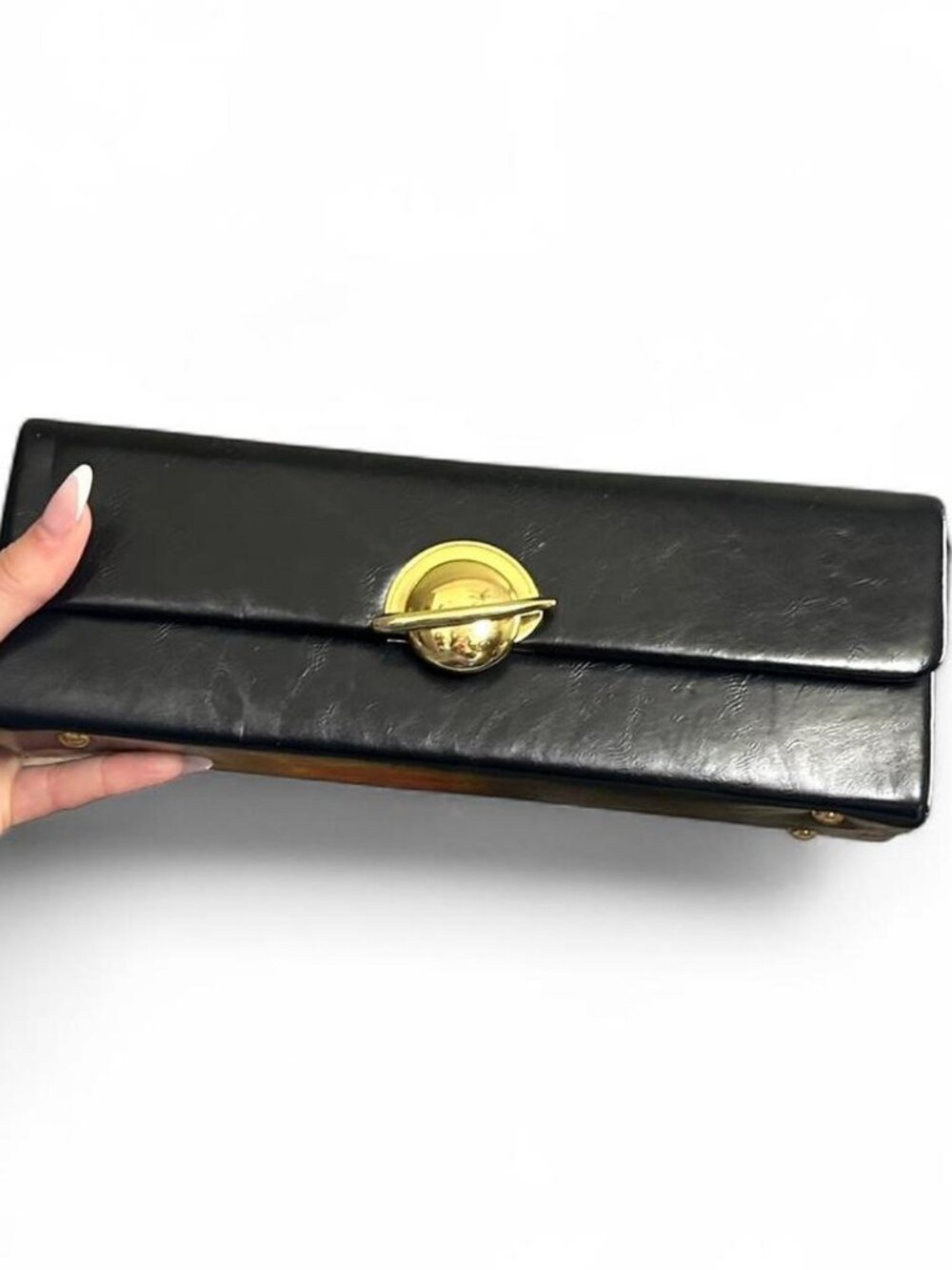 Vintage y2k 90s Black leather clutch with gold hardware